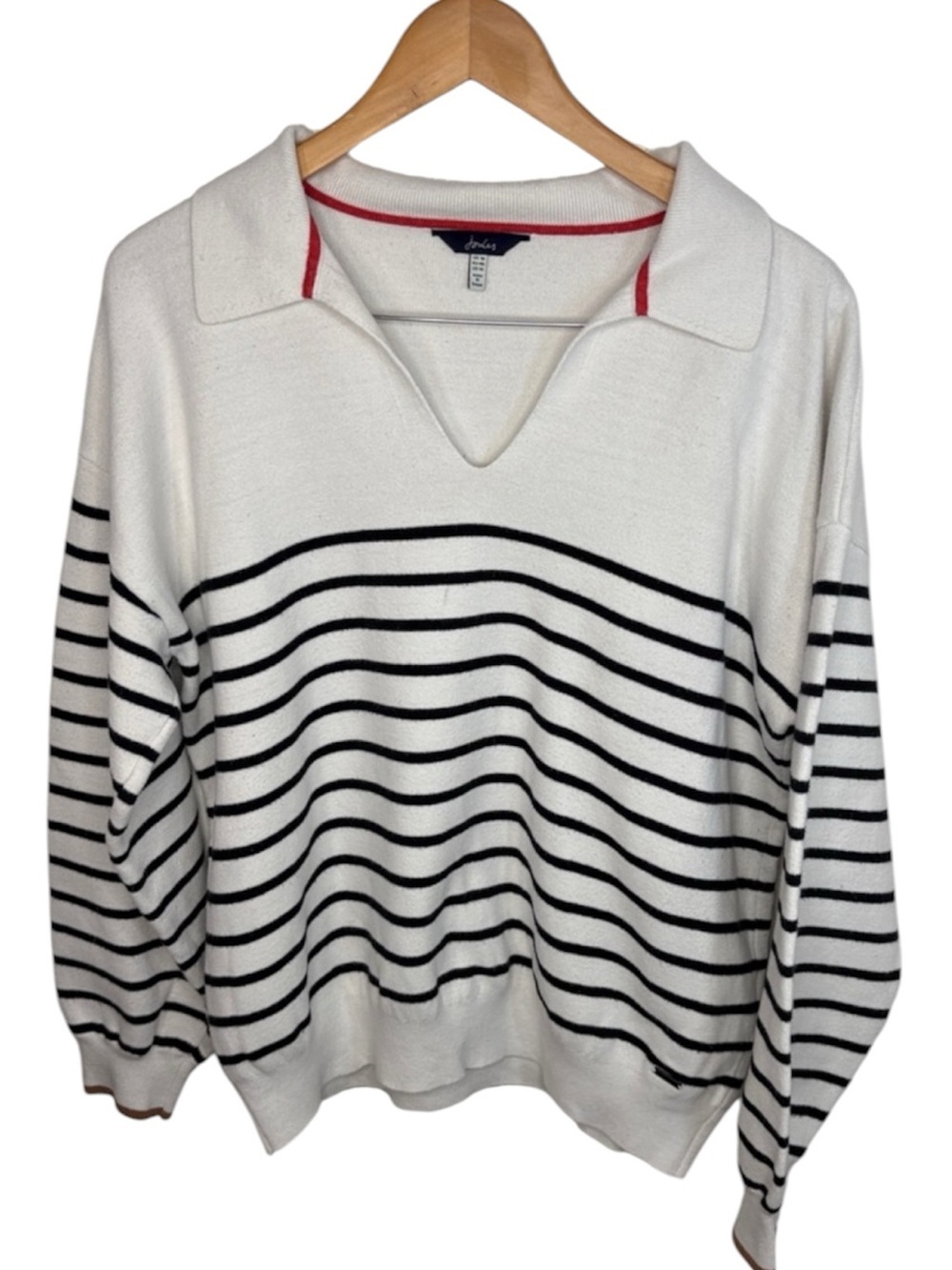 Joules White Black Striped V-Neck Sweater Women Size 14 BLEMISH